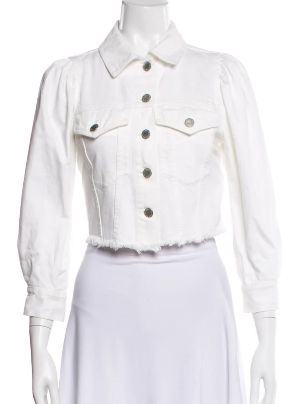Alice + Olivia Jean Cropped White Denim Jacket with Frayed Hem